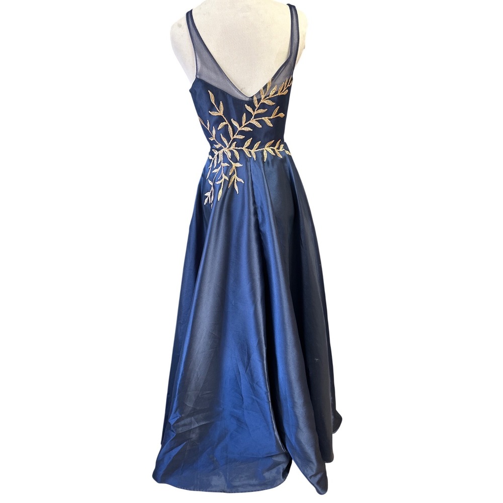 Say Yes to the Prom Navy Blue Gold Embroidered High-Low Gown Dress Size 0 - Picture 3 of 8